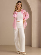 [Pink Pinstripe] SilkSilky-CA Long Sleeve Lapel Collar Women's Shirt 007
