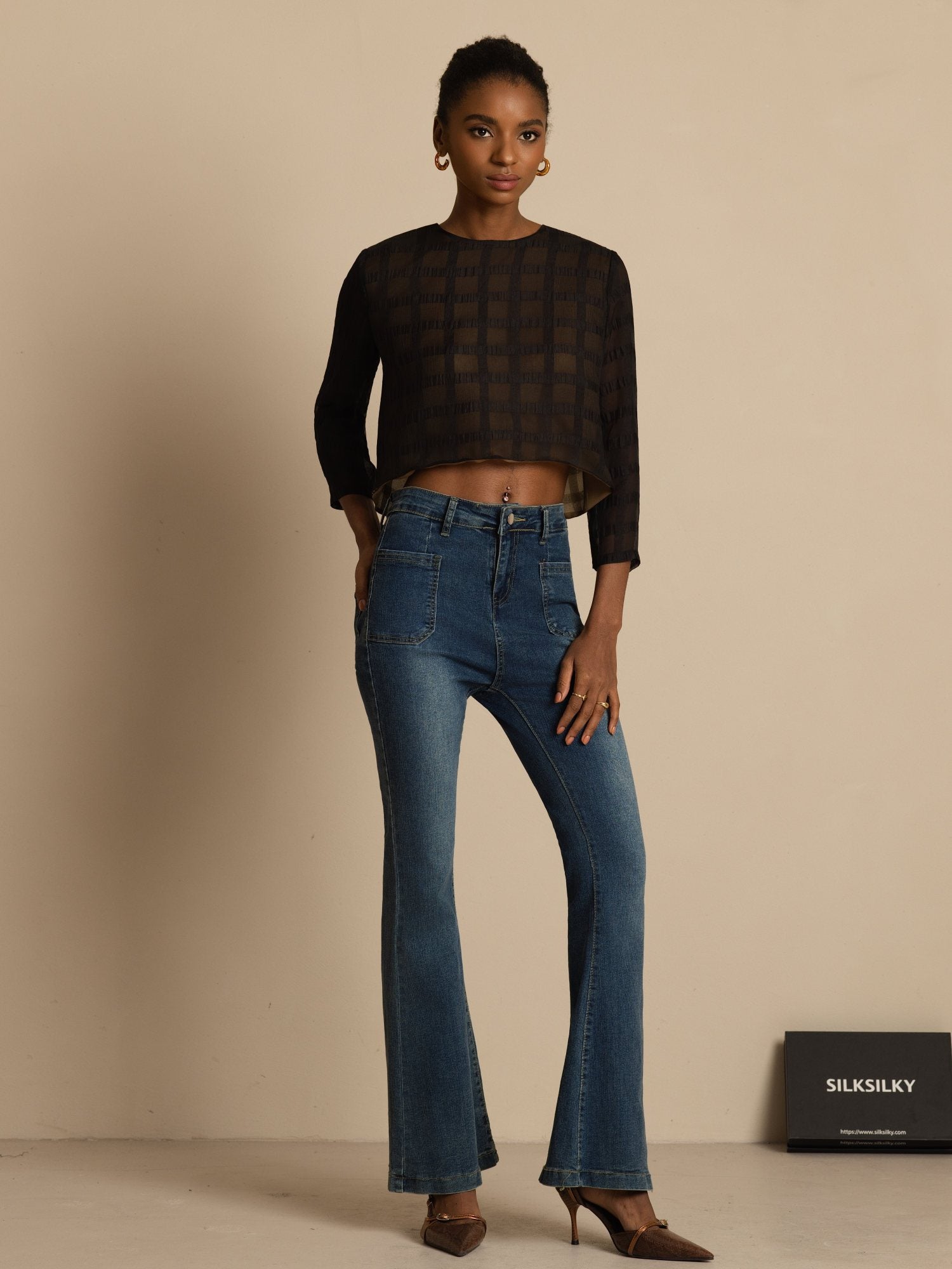 [Black] SilkSilky-CA Pure Silk Long Sleeve Round Neck Blouse 006