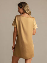 [Tan] SilkSilky-CA 19Momme Machine-Washable Silk Short Sleeve Round Neck Nightgown 002