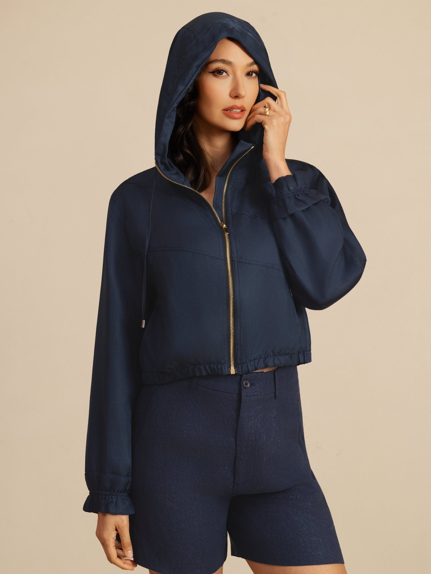 [DarkBlue] SilkSilky-CA 18Momme Silk Satin Surah Long Sleeve High Neck Women's Outerwear 005