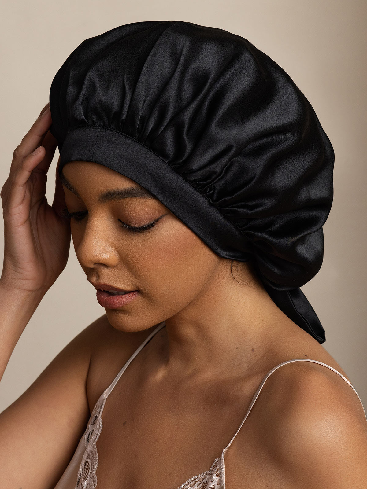 [Black] SilkSilky-CA Pure Silk Sleep Cap 002