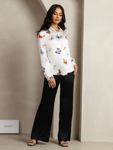 [White Butterfly] SilkSilky-CA Long Sleeve Lapel Collar Women's Shirt 007