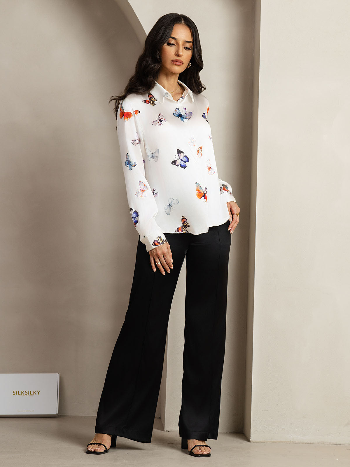 [White Butterfly] SilkSilky-CA Silk Long Sleeve Lapel Collar Women's Shirt 007
