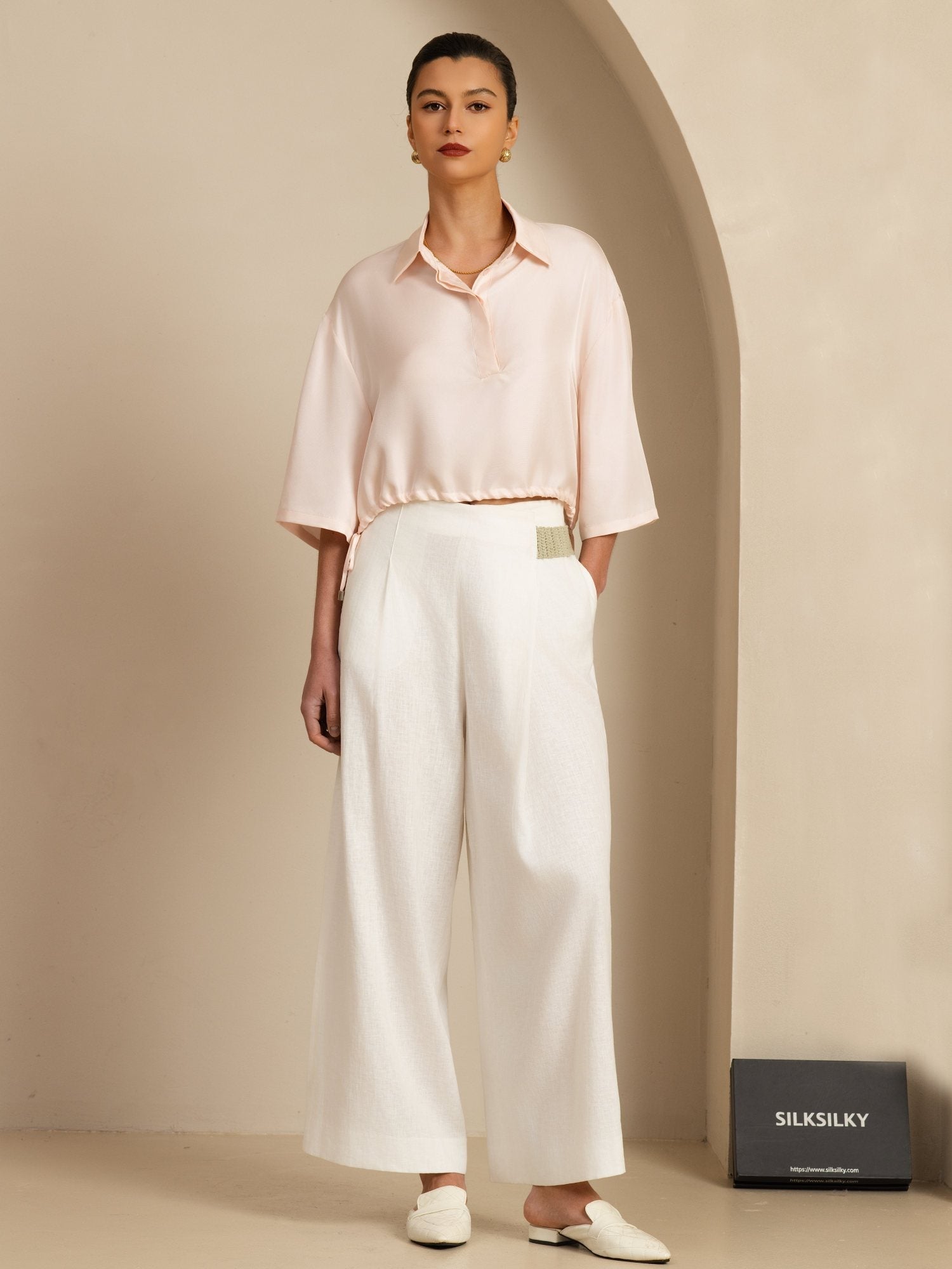 [Pink] SilkSilky-CA 18Momme Silk Satin Surah Half Sleeve Lapel Collar Blouse 007