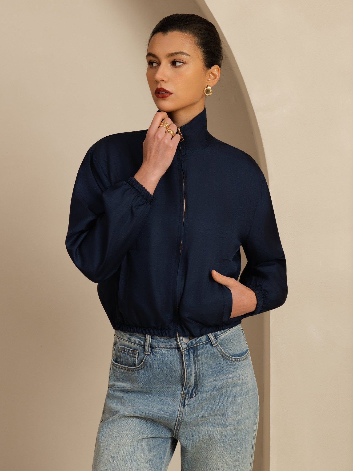 [Black+DarkBlue] SilkSilky-CA 18Momme Silk Satin Surah Long Sleeve Stand Collar Women's Outerwear 003