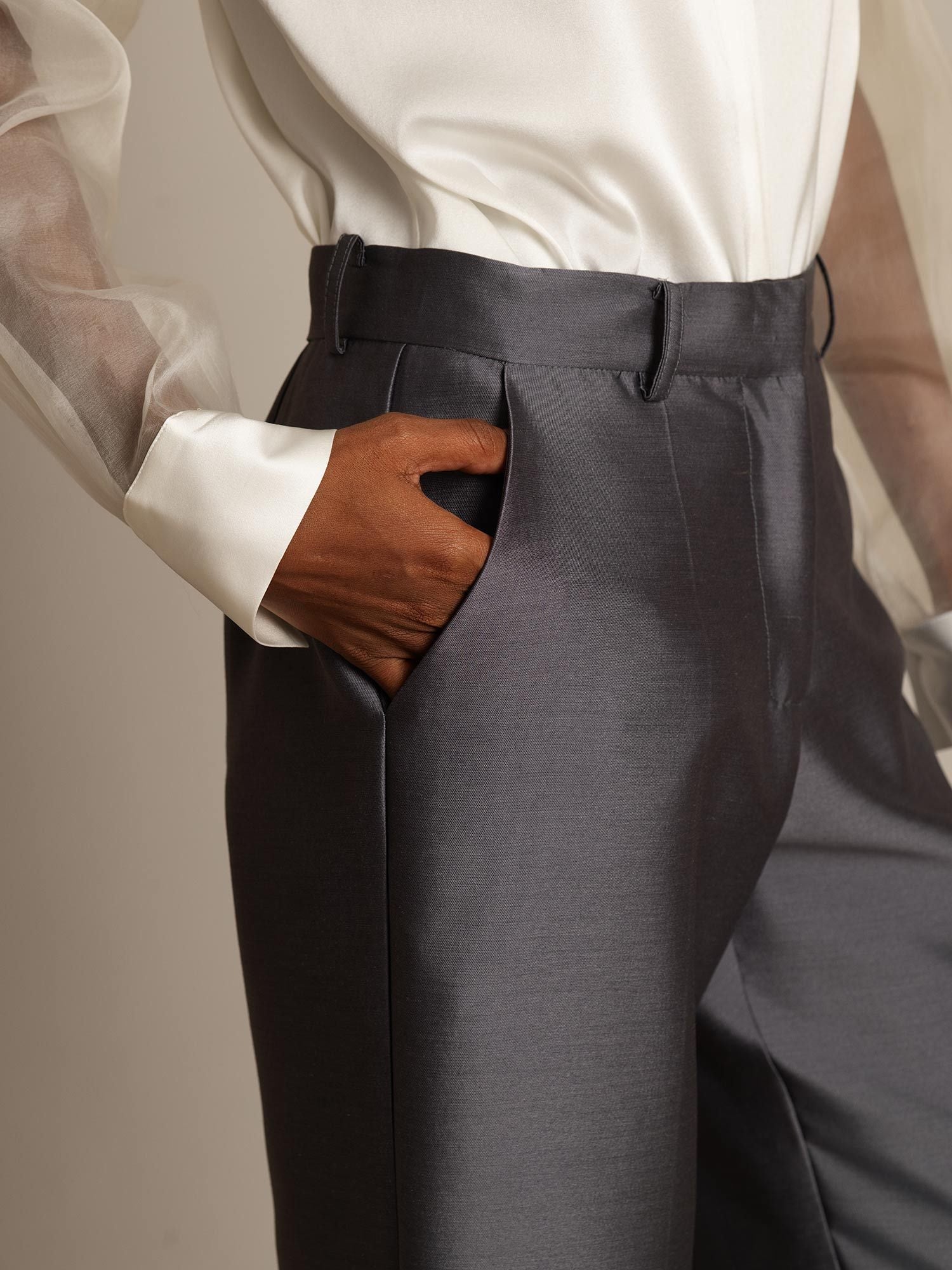 [Gray] SilkSilky-CA 32Momme Silk-Wool Blend Womens Pants 004,