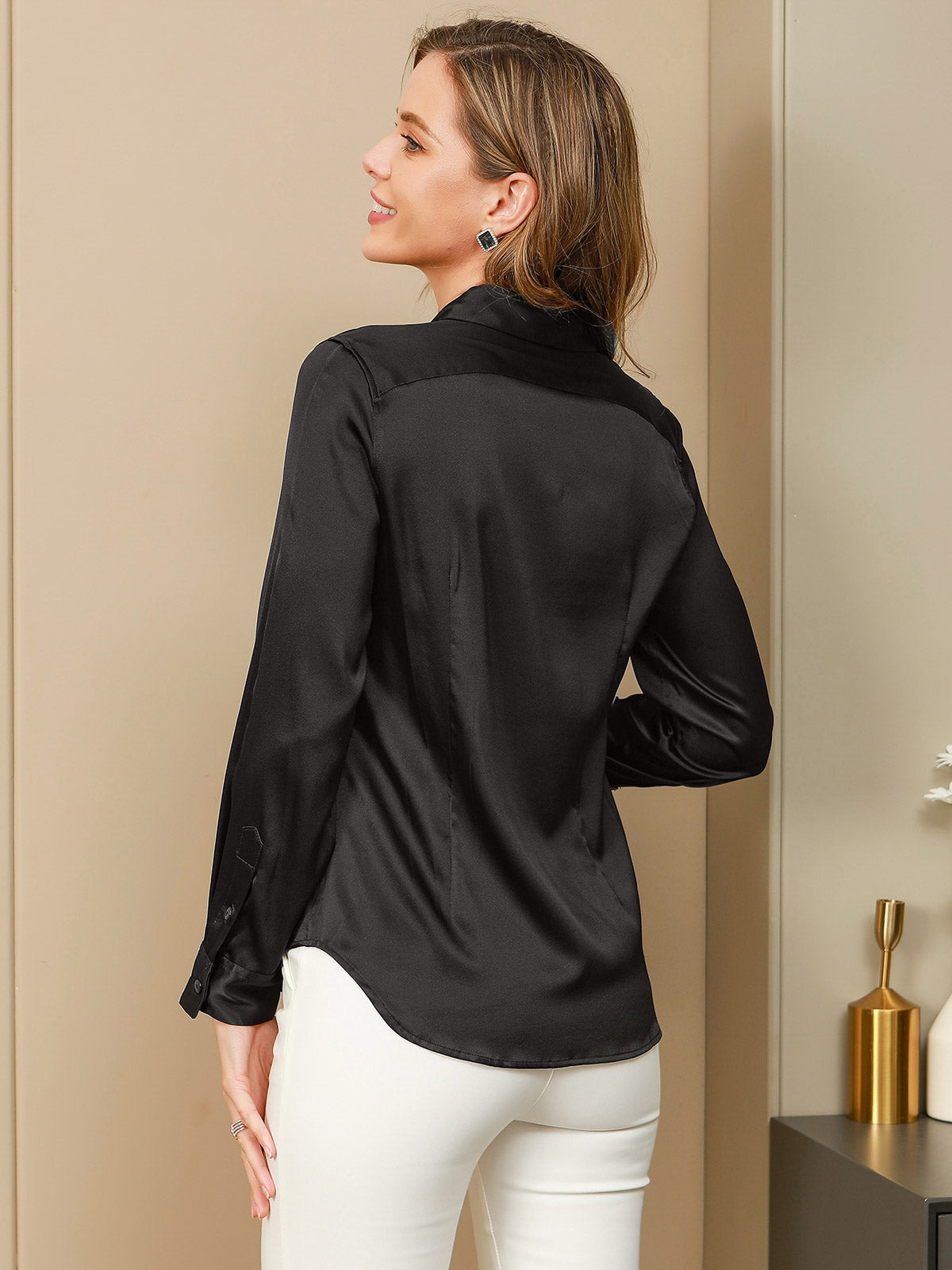 [Black] SilkSilky-CA 19Momme Stretch Silk Charmeuse Long Sleeve Lapel Collar Women's Shirt 002