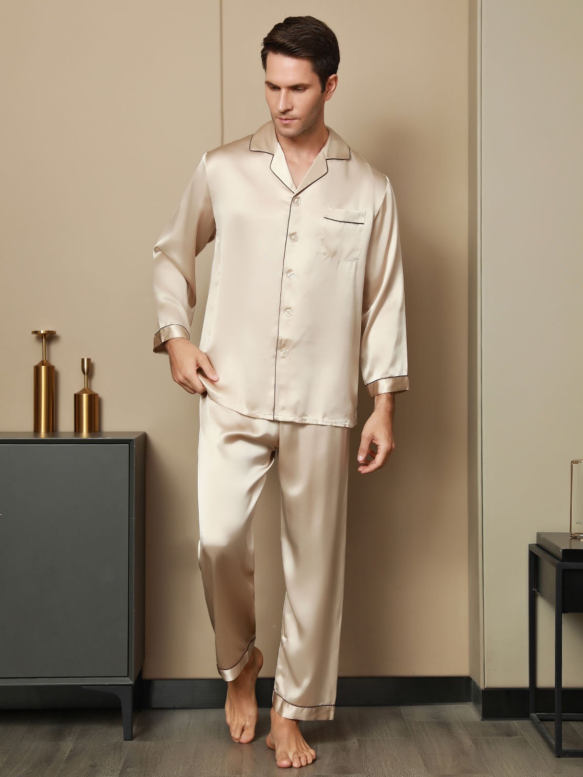 SilkSilky-CA Pure Silk Long Sleeve Lapel Men's Pajamas Tan 007