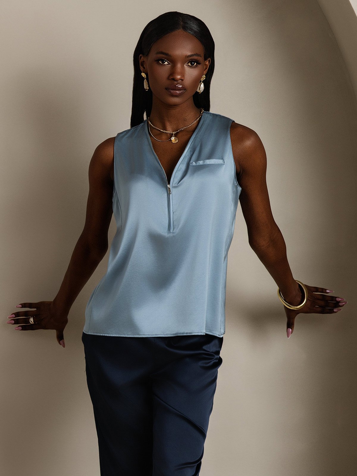 SilkSilky-CA 19Momme Silk Sleeveless V Neck Women's Shirt GrayishBlue 004
