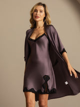 [Purple Gray] SilkSilky-CA Half Sleeve V Neck Nightgown&Robe Set 006
