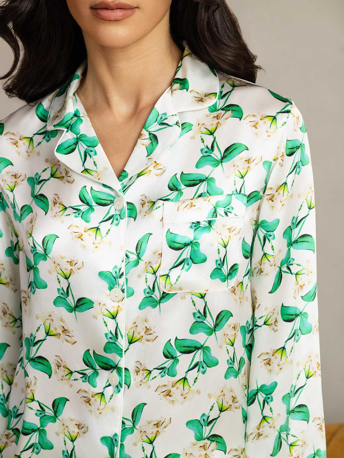[Green Floral] SilkSilky-CA Pure Silk Womens Pajamas 007