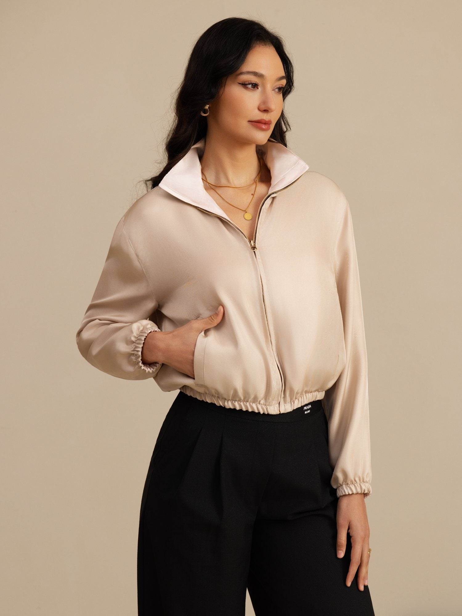 [Tan+Pink] SilkSilky-CA 18Momme Silk Satin Surah Long Sleeve Stand Collar Women's Outerwear 001