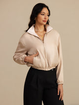[Tan+Pink] SilkSilky-CA 18Momme Silk Satin Surah Long Sleeve Stand Collar Women's Outerwear 001