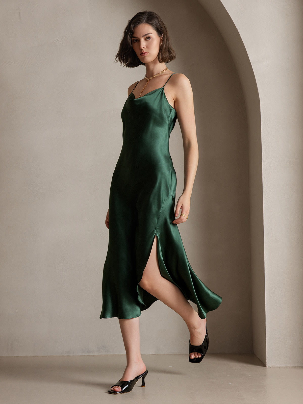 [Dark Green] SilkSilky-CA 19Momme Pure Silk Cowl Neck Dress 007