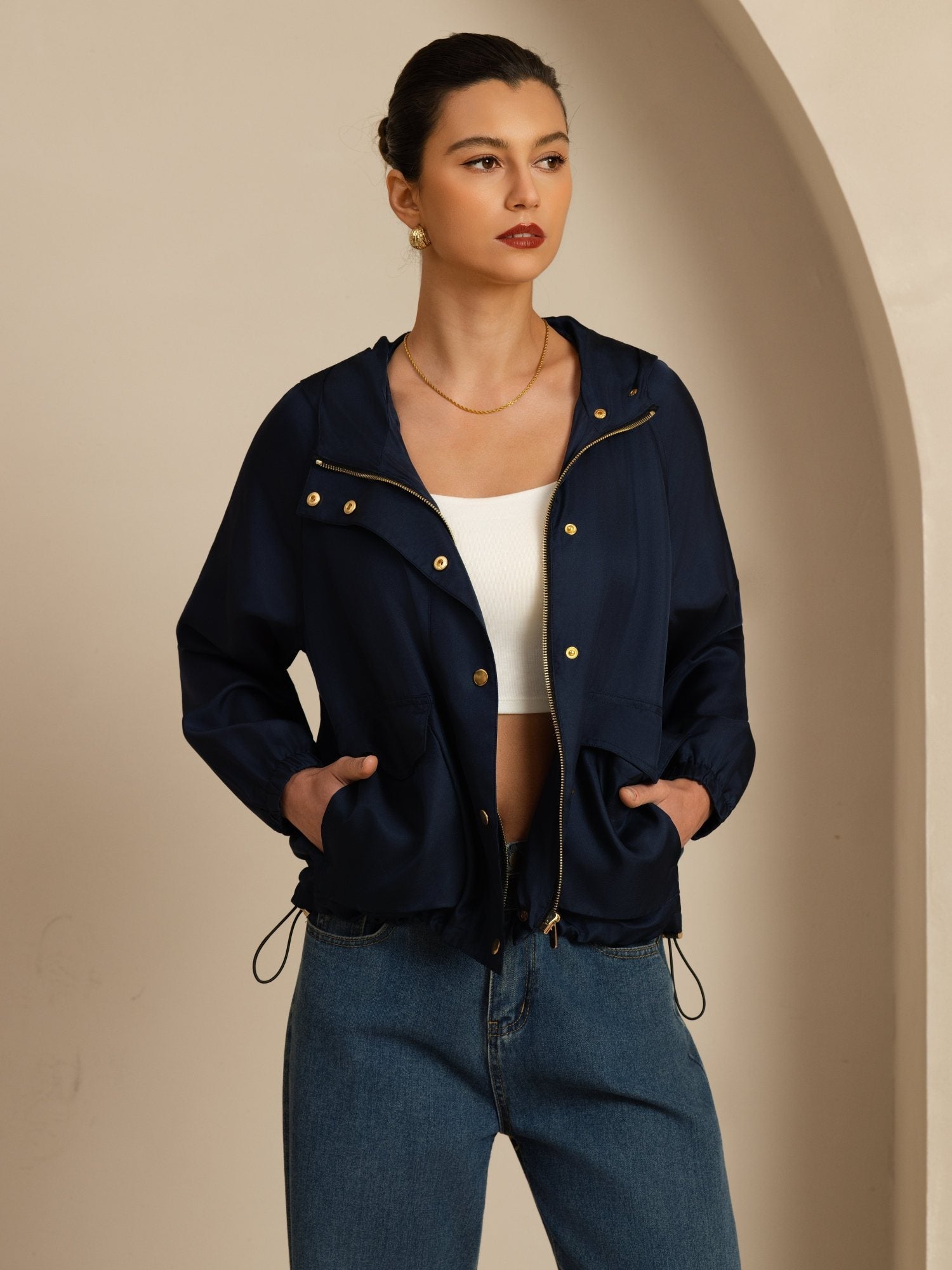 [DarkBlue] SilkSilky-CA Silk Satin Surah Long Sleeve High Neck Women's Outerwear 001