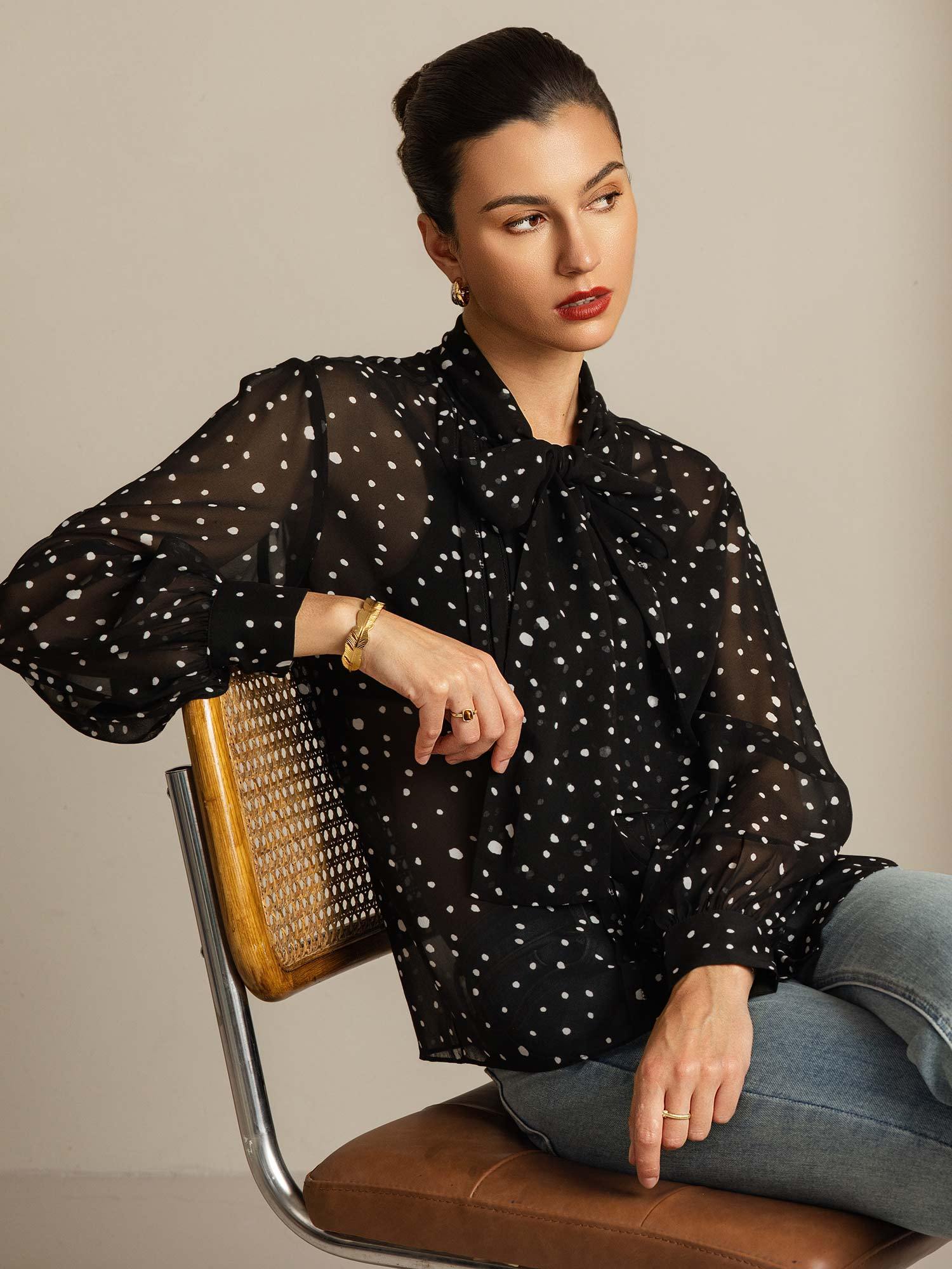 [PolkaDot] SilkSilky-CA Pure Silk Tie Neck Women's Shirt 008