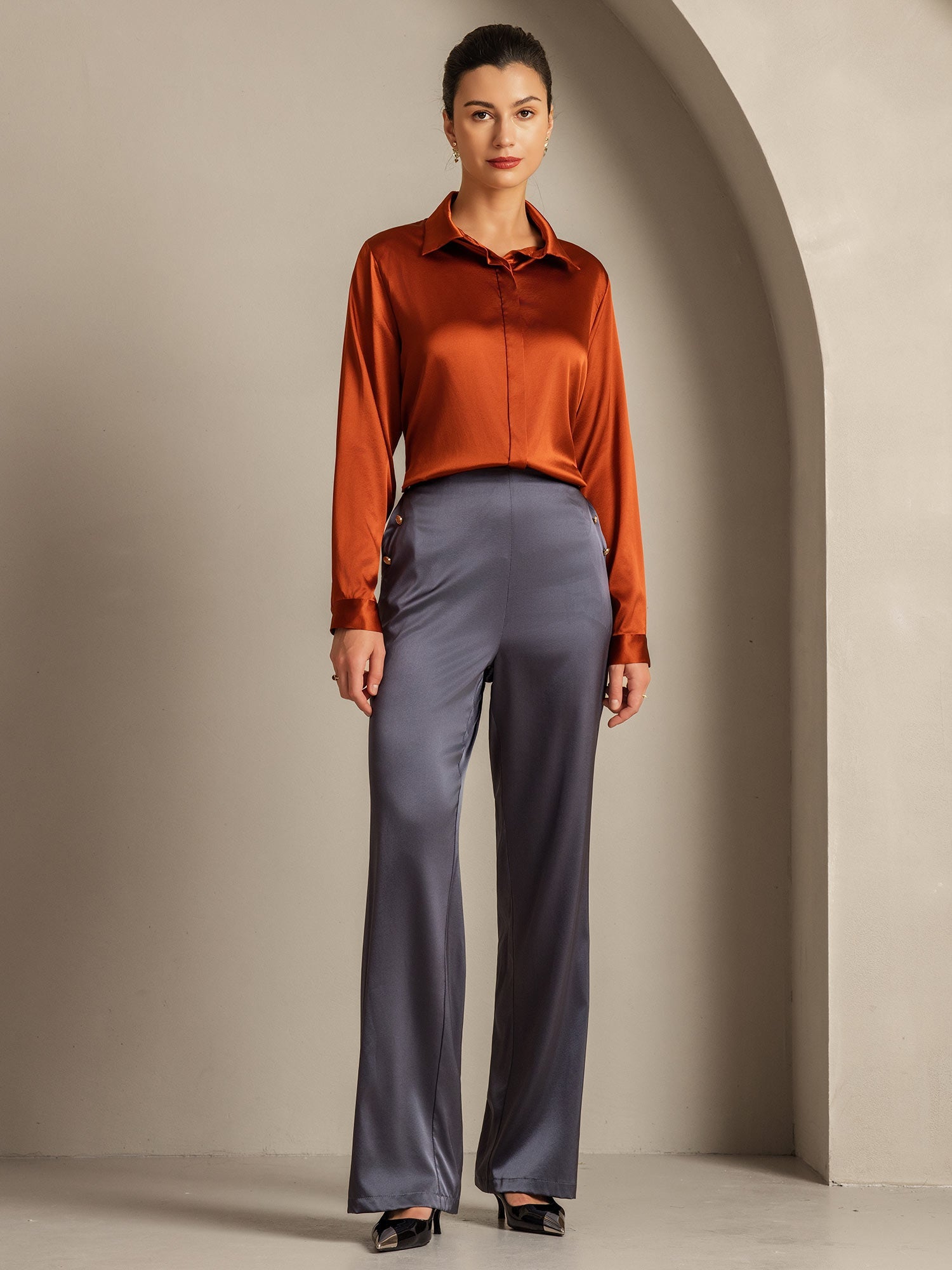 [Caramel] SilkSilky-CA 19Momme Silk Long Sleeve Lapel Collar Women's Shirt 008