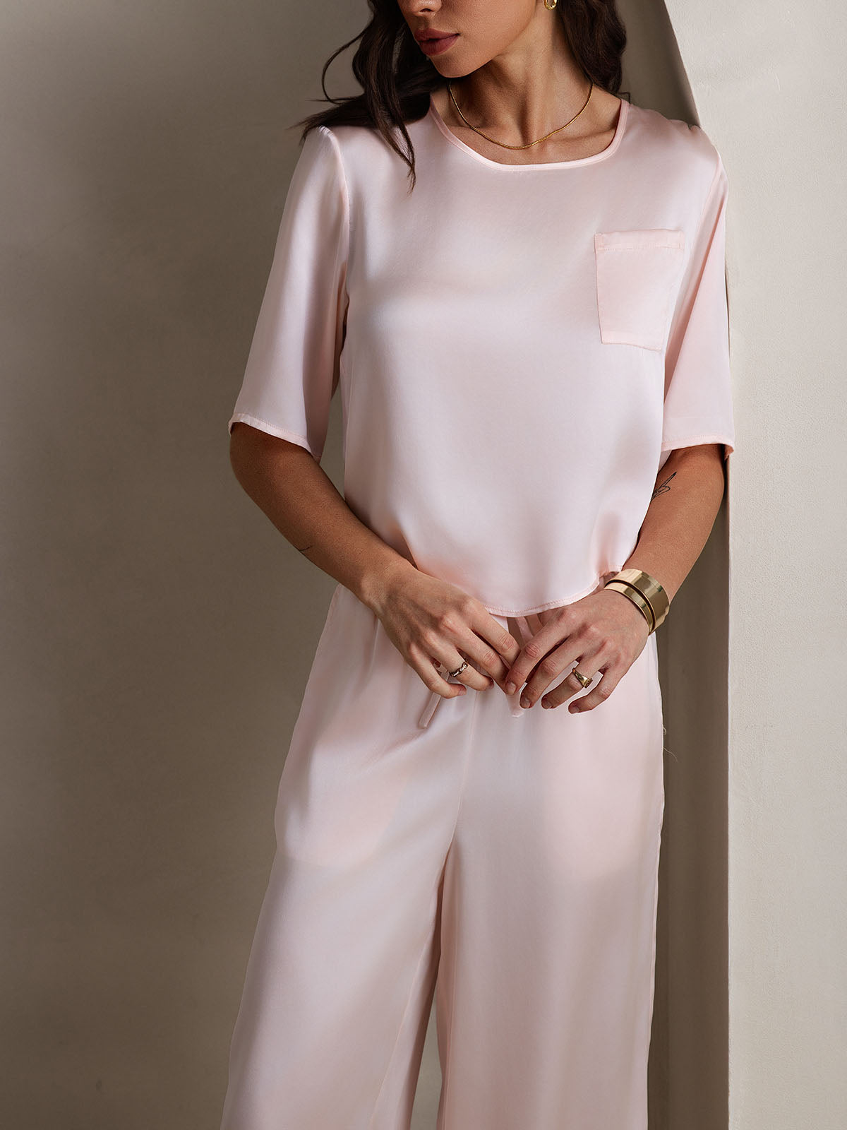[Pink] SilkSilky-CA Pure Silk Round Neck Women's Pajamas 007