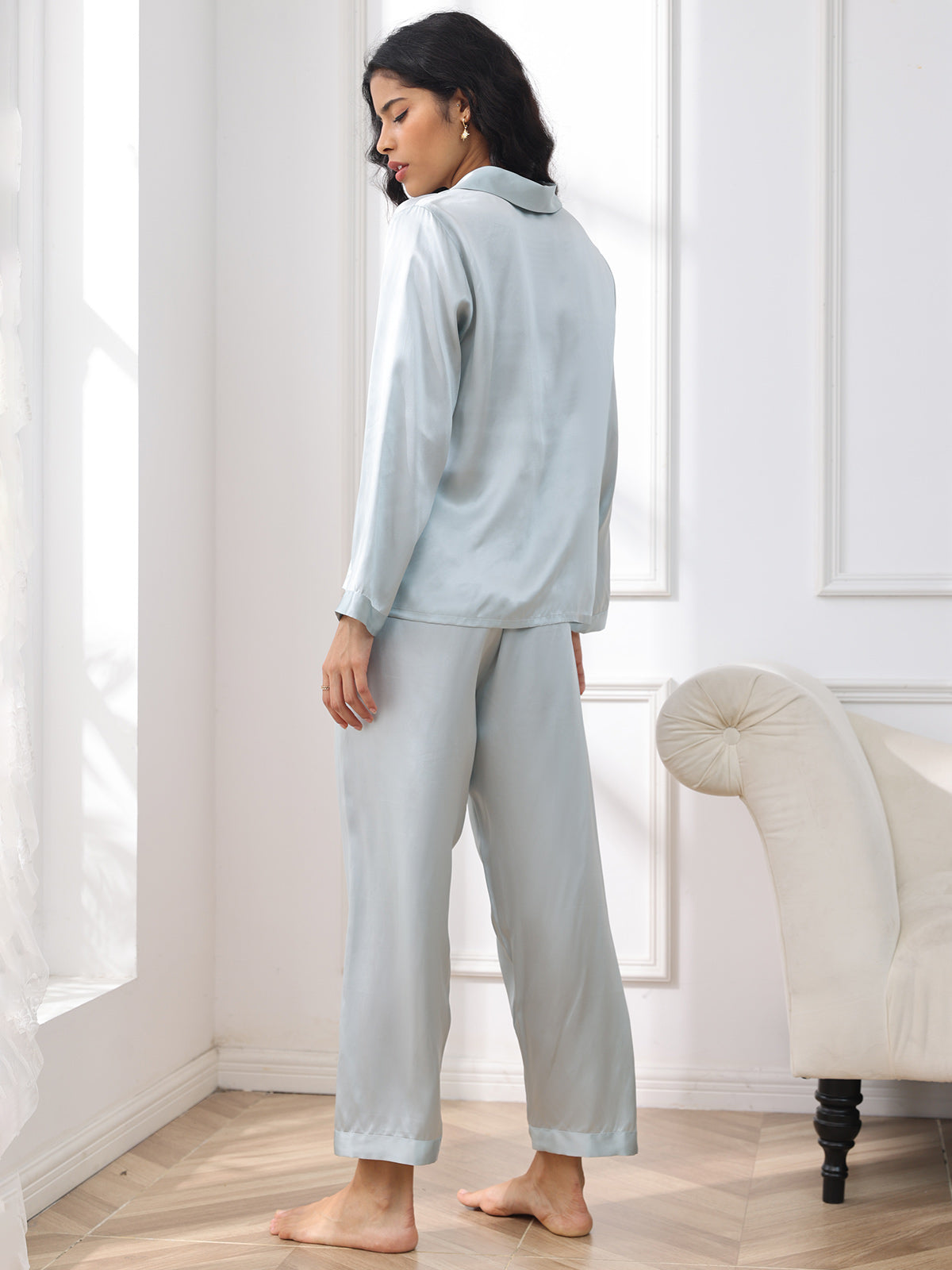 SilkSilky-CA Pure Silk Long Sleeve Lapel Women's Pajamas LightBlue 002