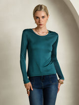 [Posy Green] SilkSilky-CA Silk Jersey Long Sleeve Round Neck Women's T-Shirt 004