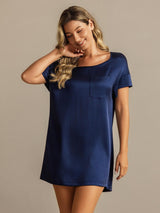 [Dark Blue] SilkSilky-CA 19Momme Machine-Washable Silk Short Sleeve Round Neck Nightgown 006