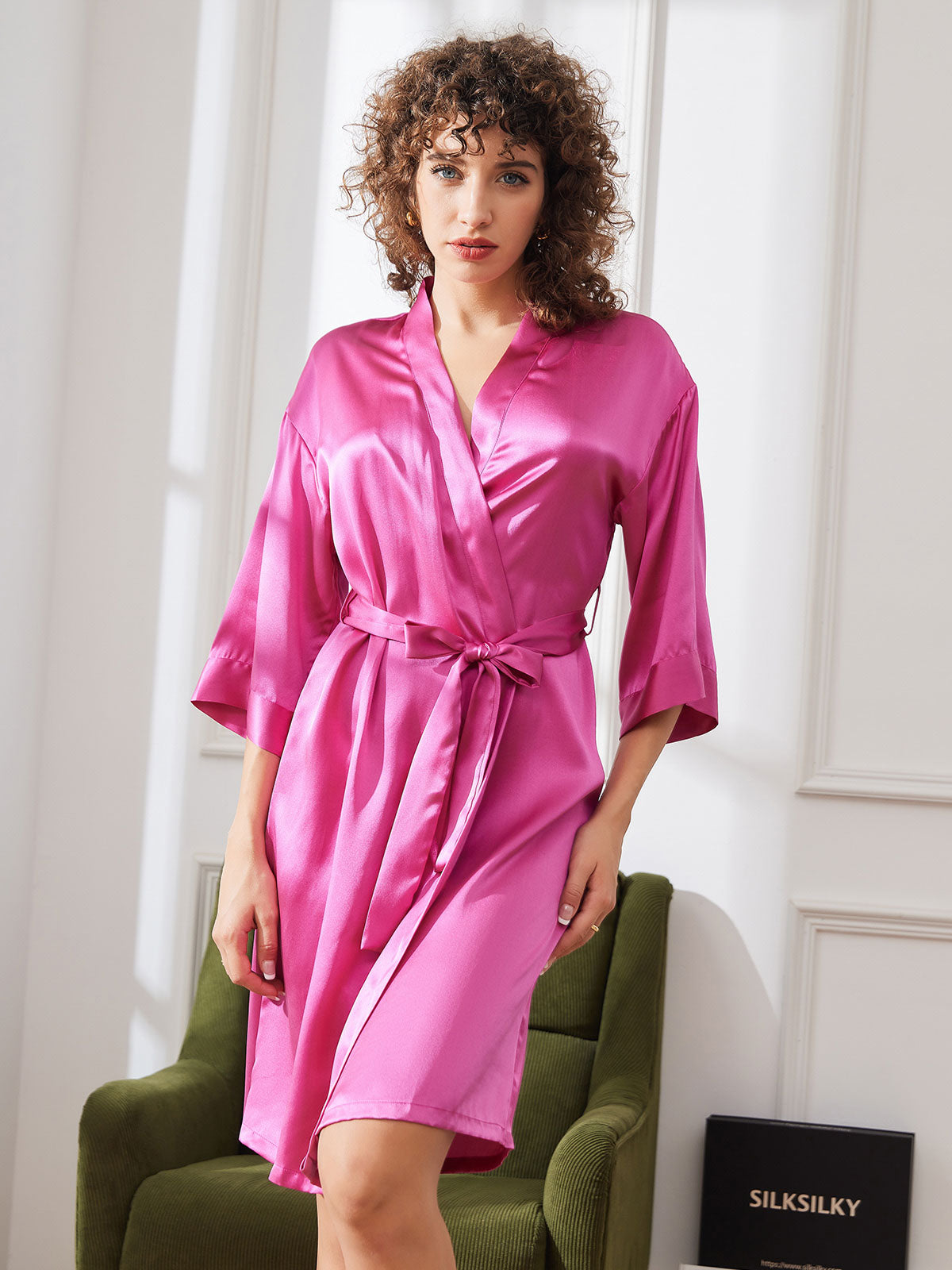 SilkSilky CA Pure Silk Half Sleeve Womens Robe RoseRed 003