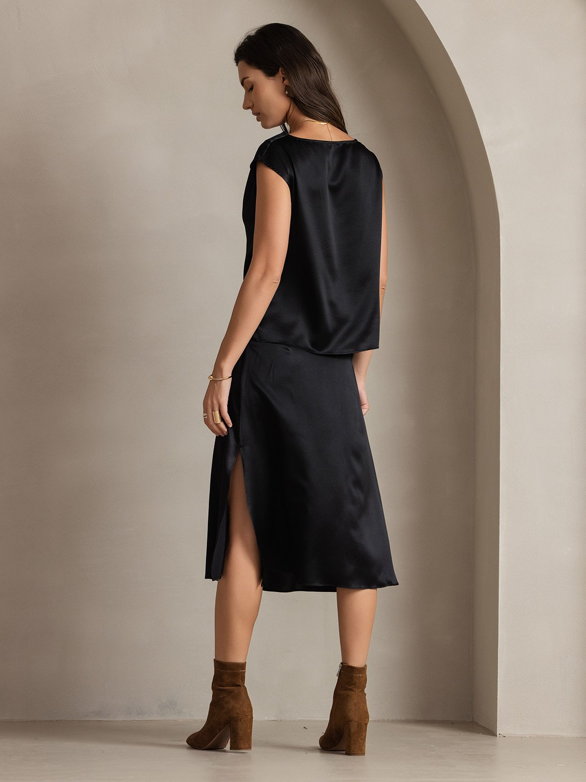 [Black] SilkSilky-CA 19Momme Silk Cap Sleeve Cowl Neck Women's T-Shirt 002