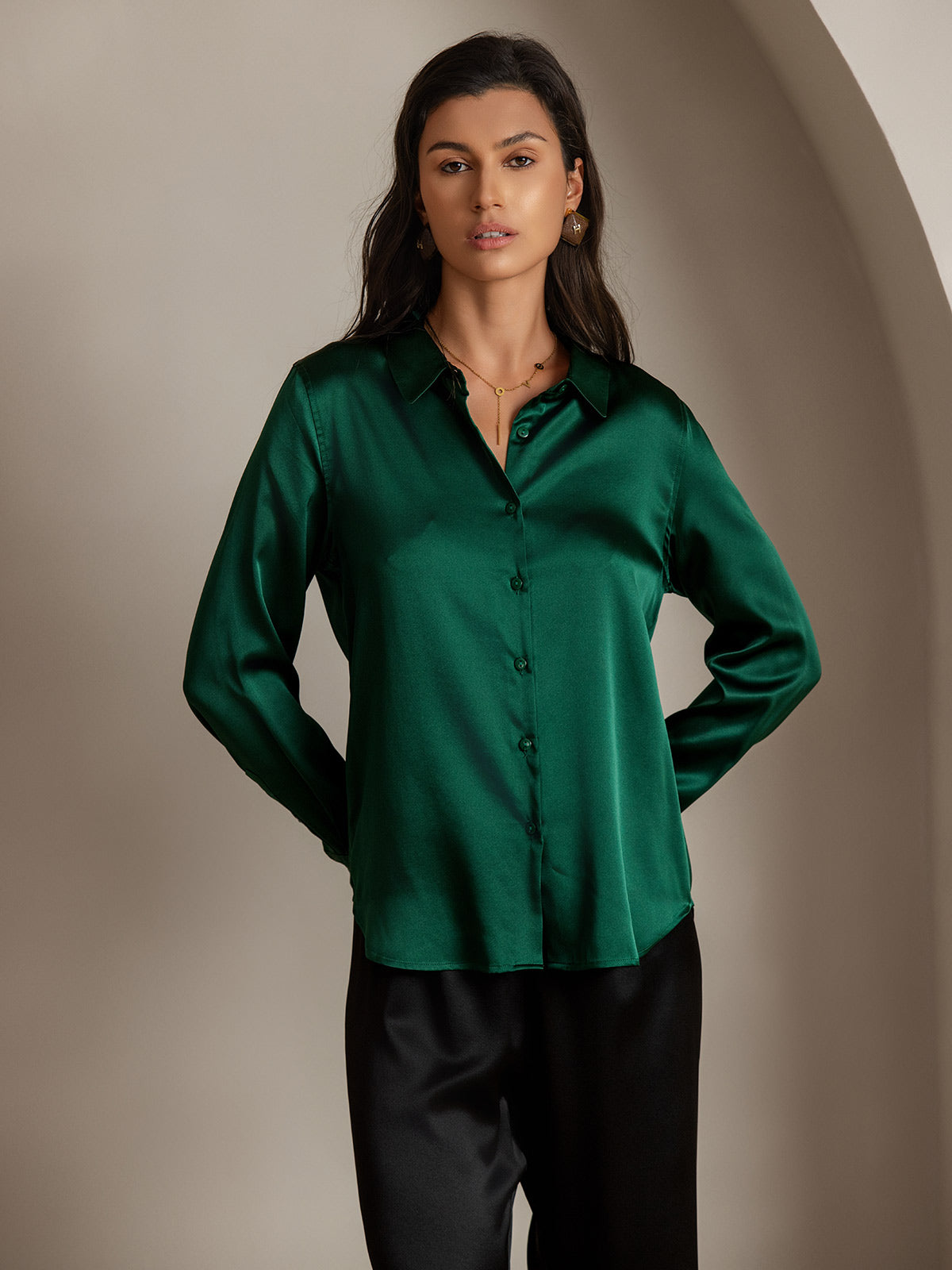[Dark Green] SilkSilky-CA 19Momme Stretch Silk Charmeuse Long Sleeve Lapel Collar Women's Shirt 006