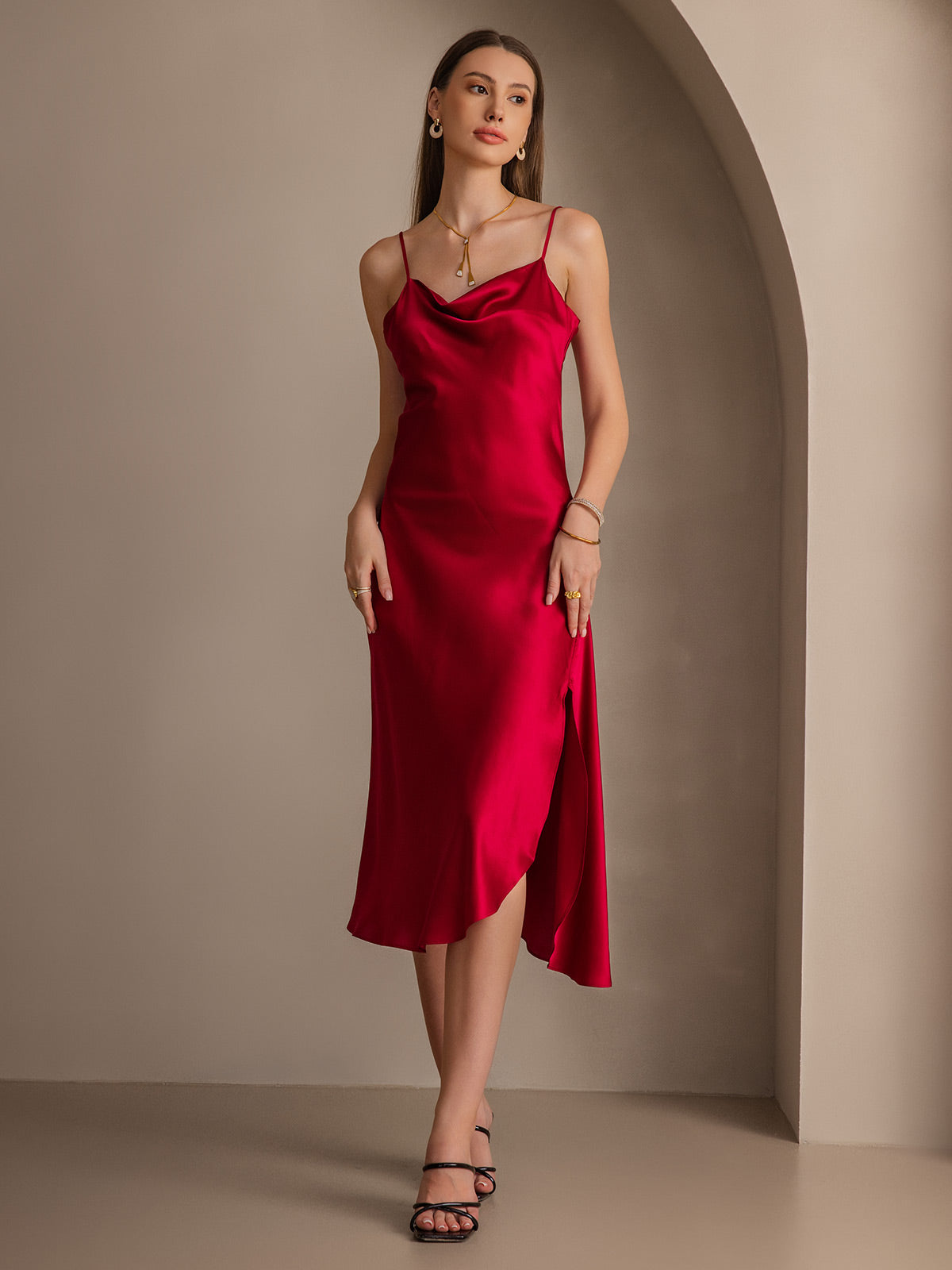 [Wine] SilkSilky-CA 19Momme Pure Silk Cowl Neck Dress 006