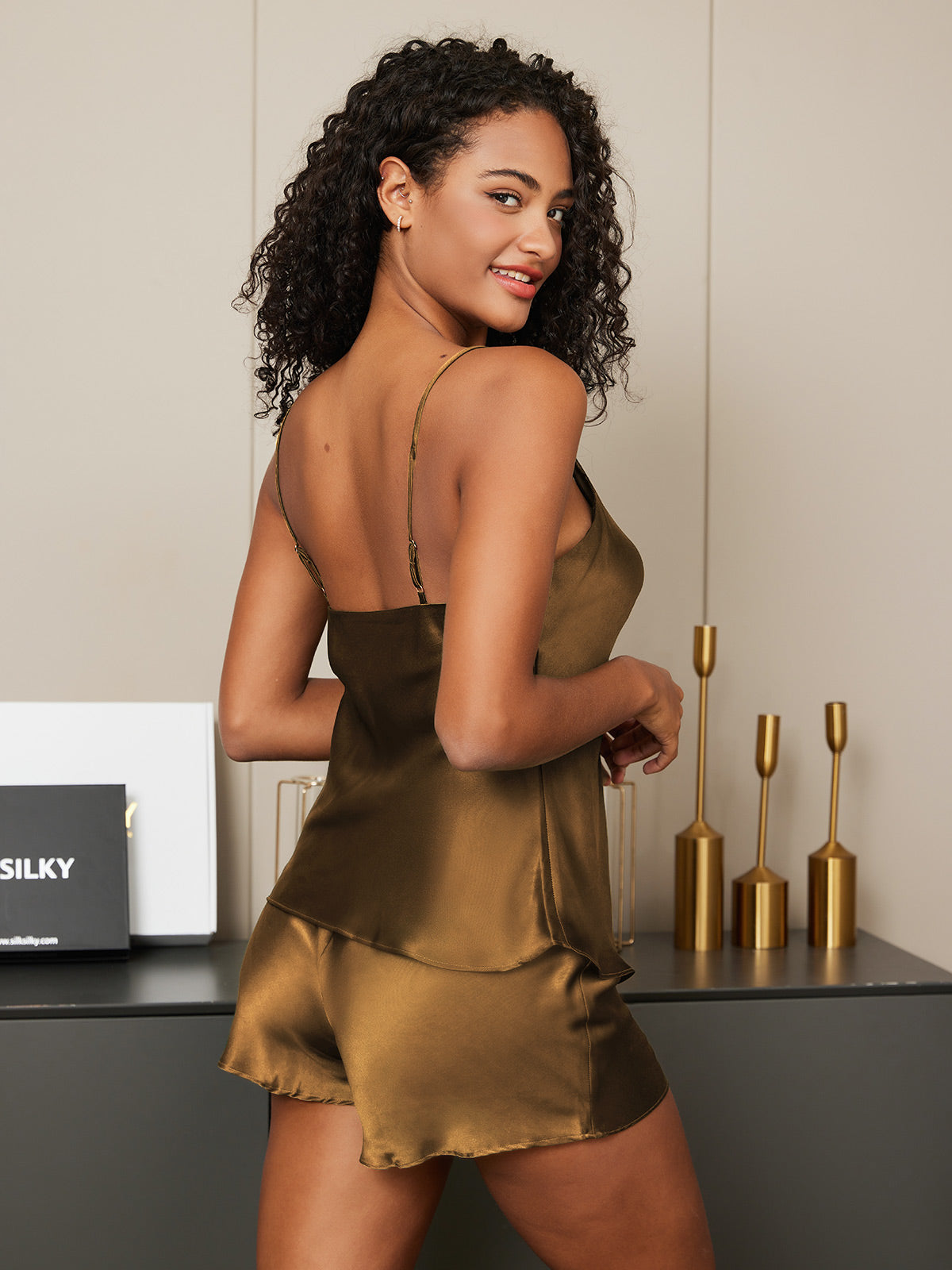 [Coffee] SilkSilky-CA Pure Silk V Neck Camisole Set 005