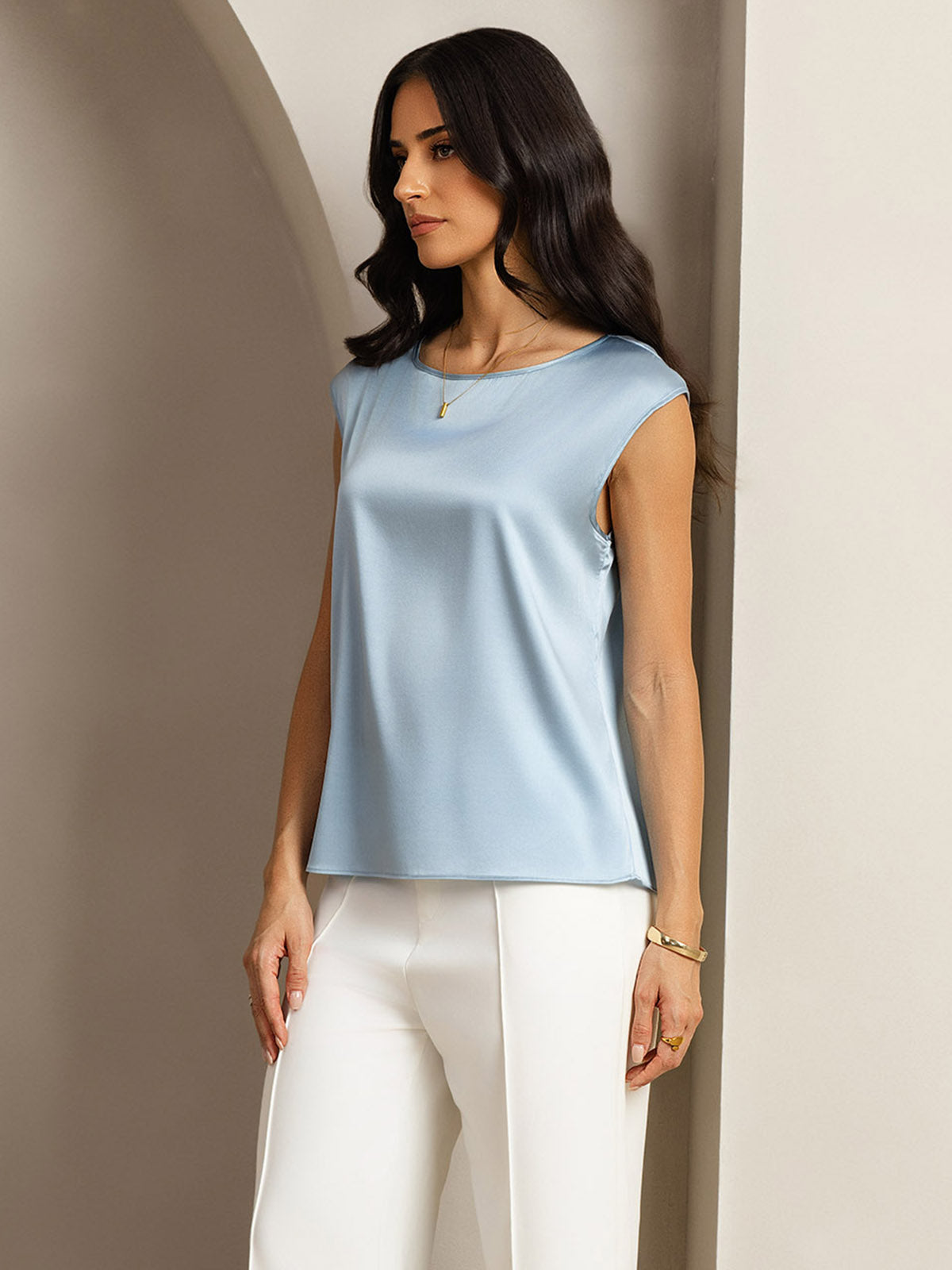 [Grayish Blue] SilkSilky-CA 19Momme Silk Round Neck Women's T-Shirt 005