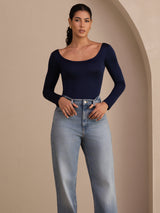 [Dark Blue] SilkSilky-CA Long Sleeve U Neck Women's T-Shirt 004