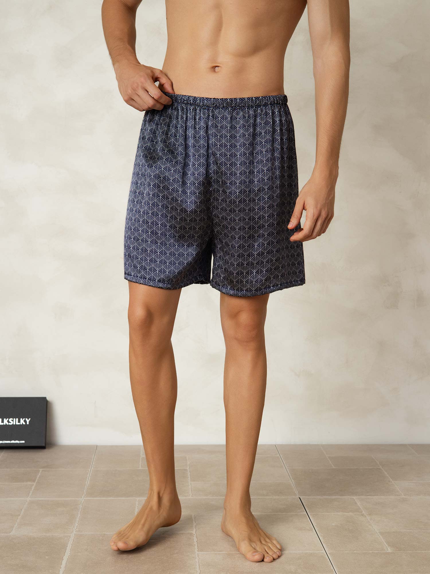[Navy Ginkgo] SilkSilky-CA 19Momme Pure Silk Mens Sleep Bottoms 001