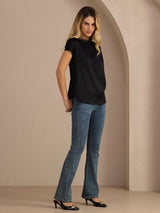 [Black] SilkSilky-CA Short Sleeve Split Women's Blouse 005