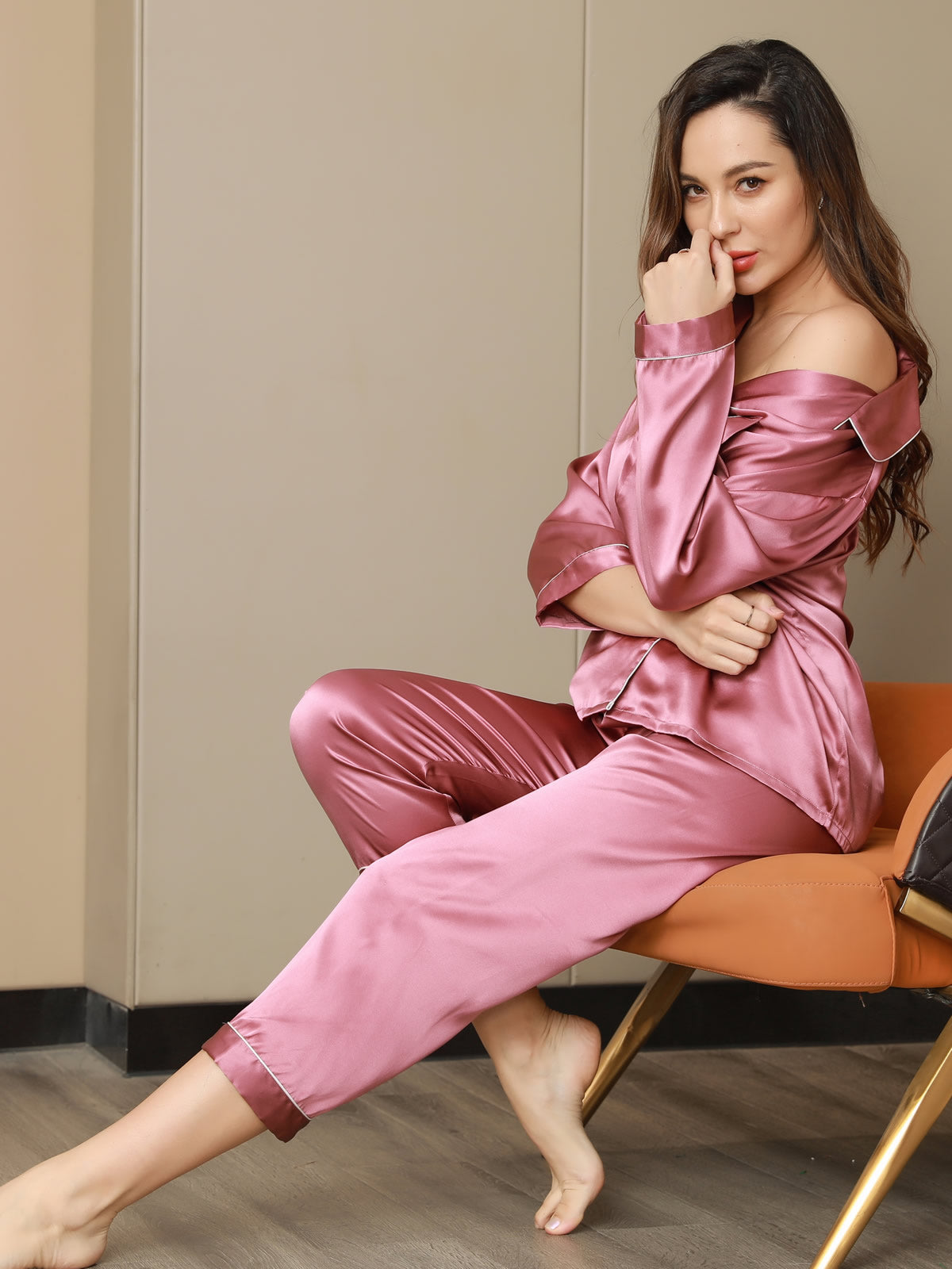 SilkSilky CA Pure Silk Long Sleeve Lapel Women's Pajamas PaleMauve 001