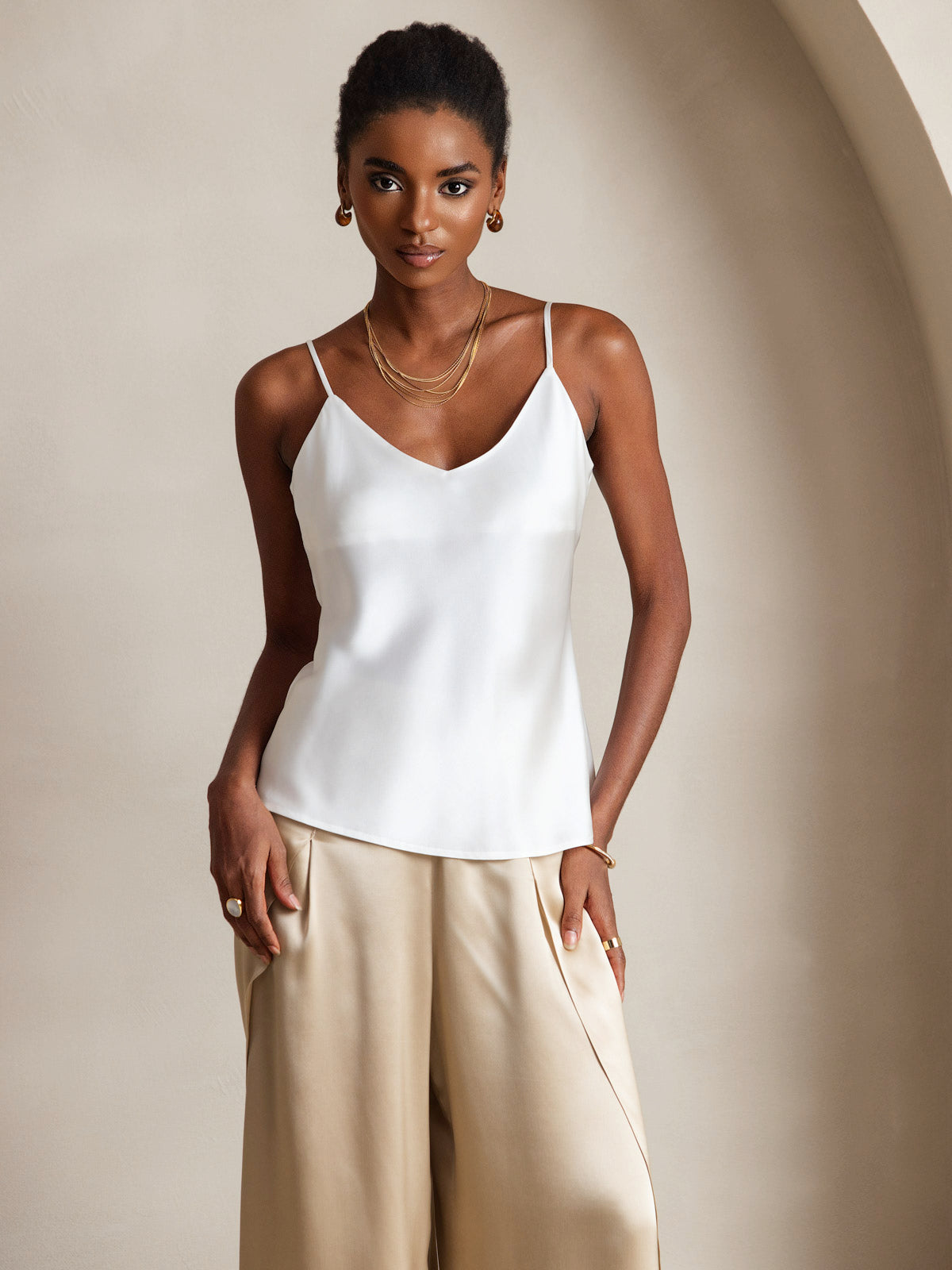 [White] SilkSilky-CA Pure Silk V Neck Camisole 001