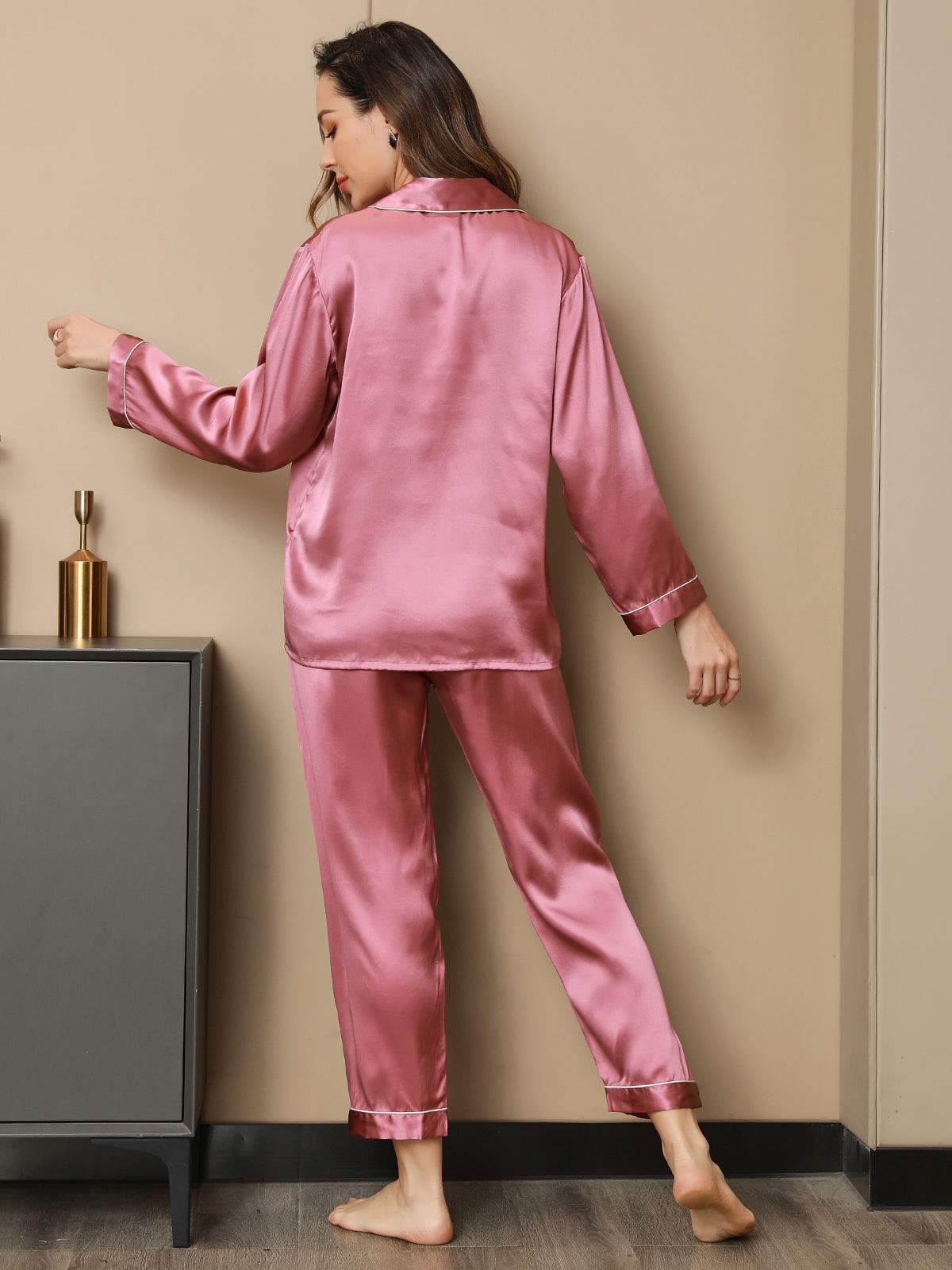 SilkSilky-CA Pure Silk Long Sleeve Lapel Women's Pajamas PaleMauve 002