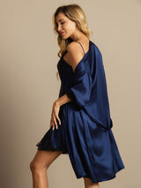 [Dark Blue] SilkSilky-CA Half Sleeve V Neck Nightgown&Robe Set 002