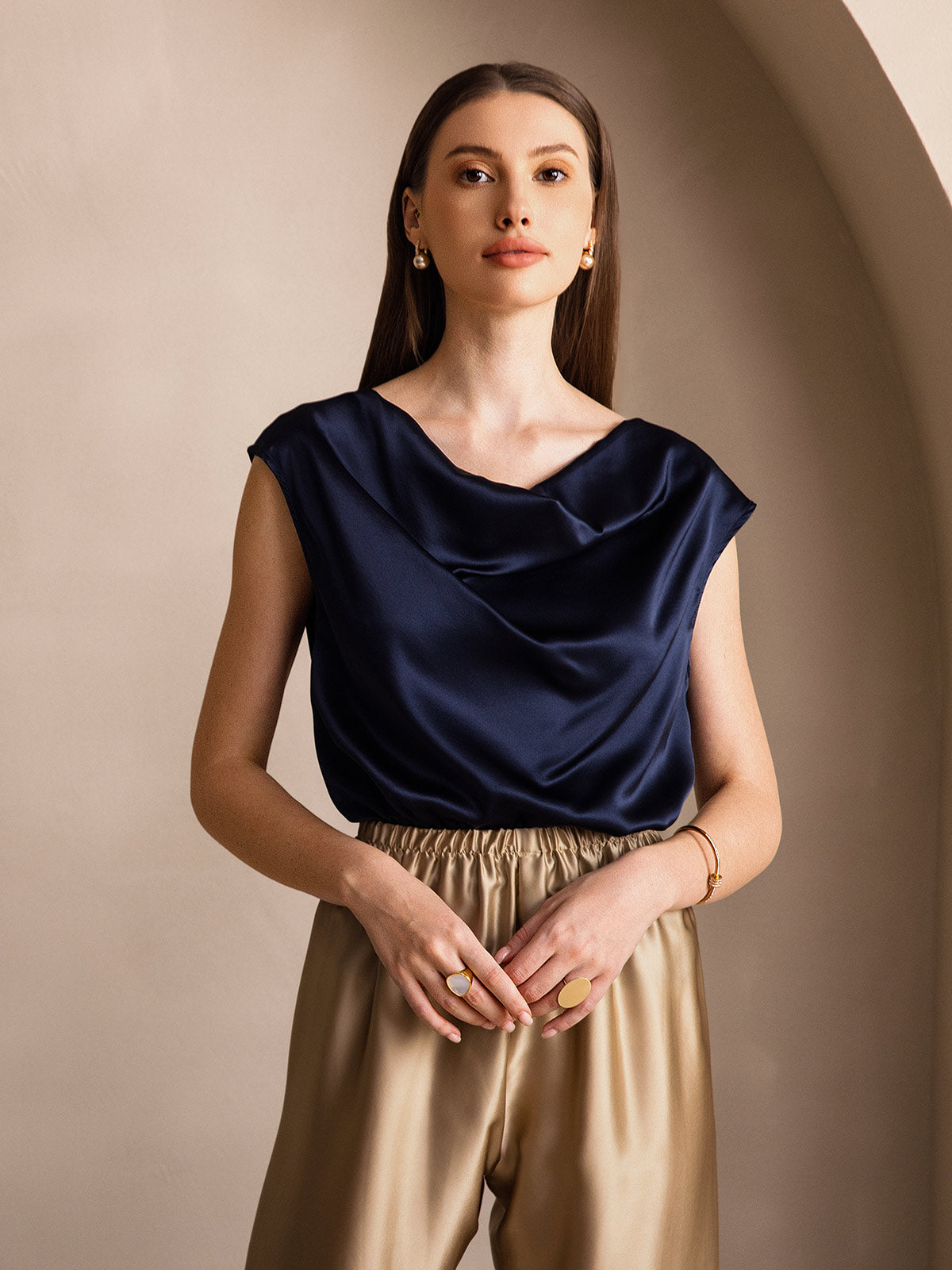 [Dark Blue] SilkSilky-CA 19Momme Silk Cowl Neck Women's T-Shirt 003