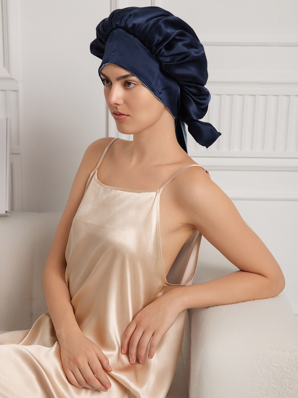 SilkSilky-CA Pure Silk Sleep Cap DarkBlue 004