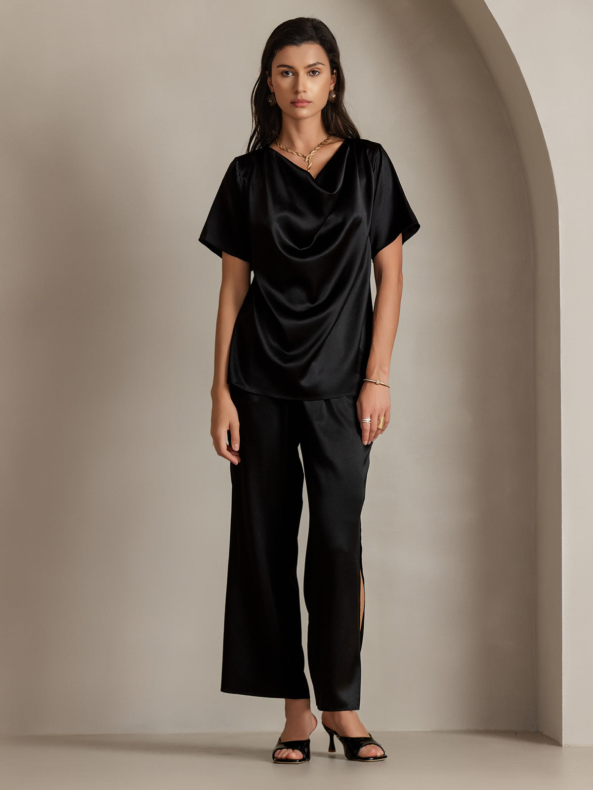 [Black] SilkSilky-CA 19Momme Silk Short Sleeve Cowl Neck Blouse 004