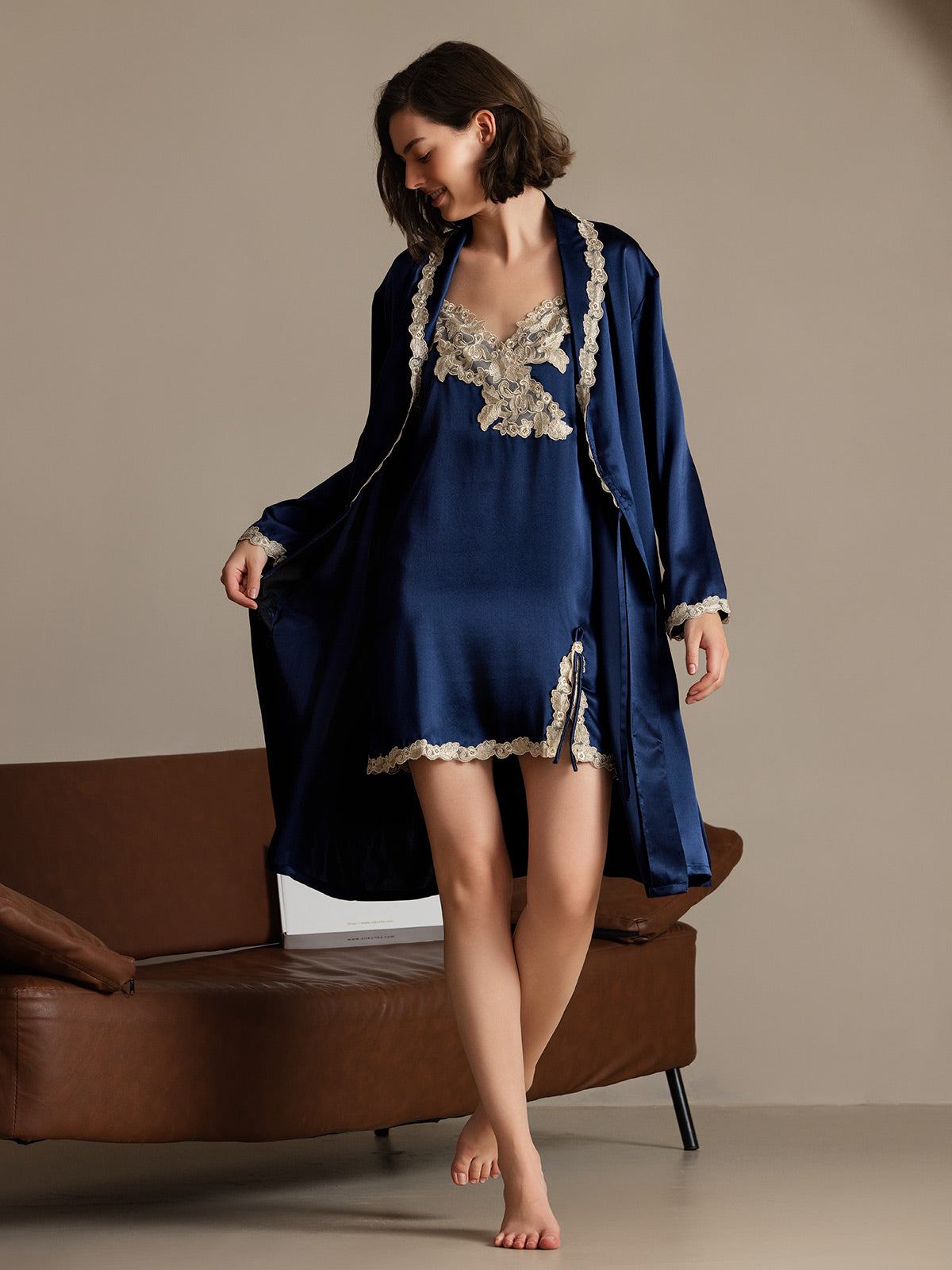 SilkSilky-CA Pure Silk Long Sleeve V Neck Nightgown&Robe Set DarkBlue 001