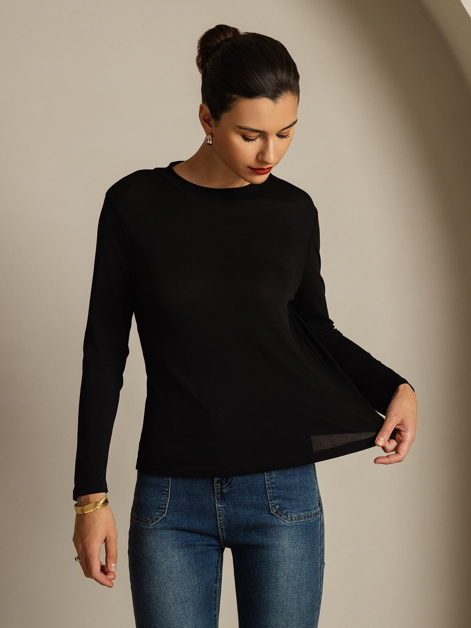 [Black] SilkSilky-CA Pure Silk Round Neck Women's T-Shirt 003