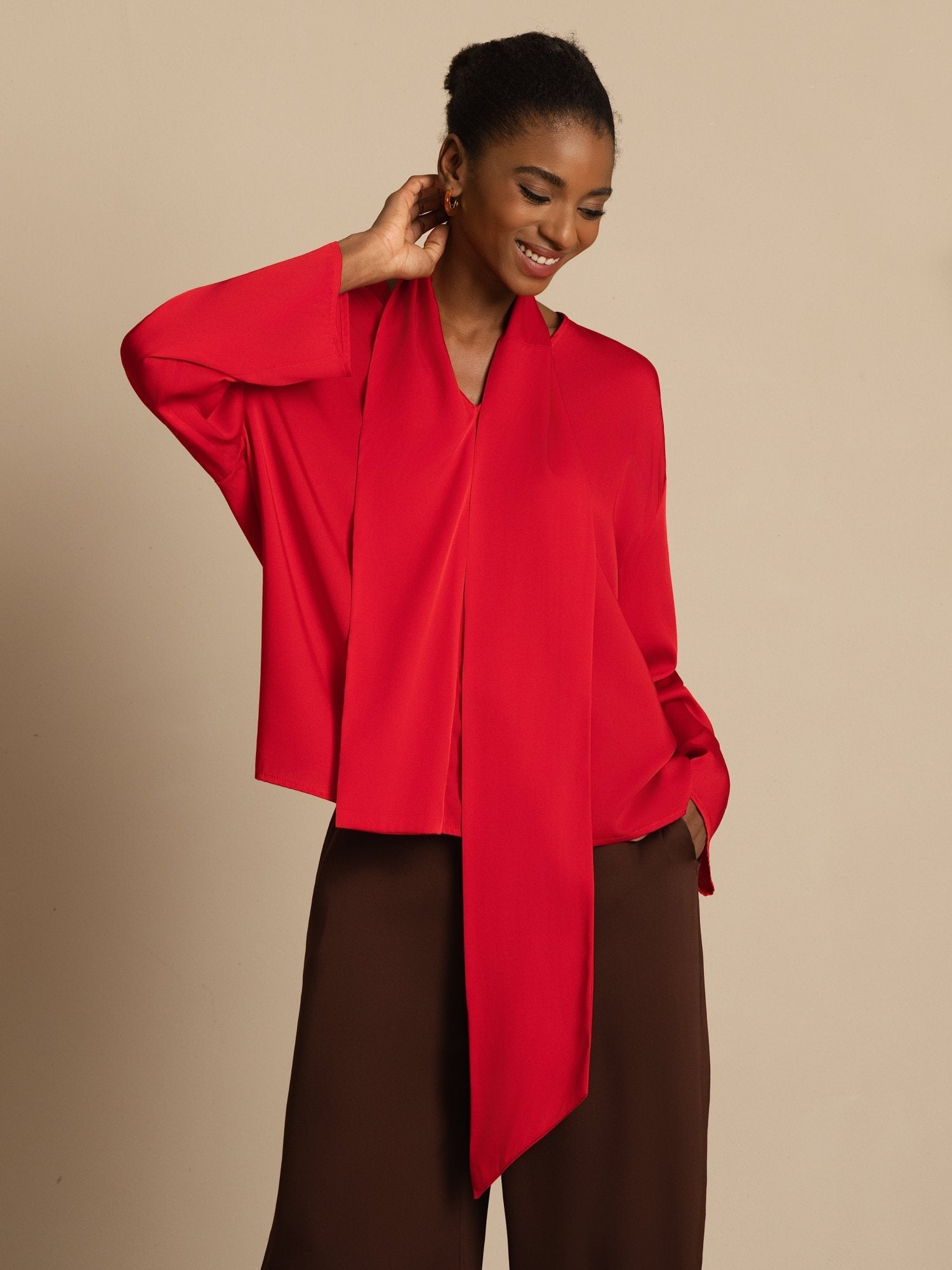 [Wine] SilkSilky-CA 19Momme Stretch Silk Double Georgette Long Sleeve V Neck Blouse 002