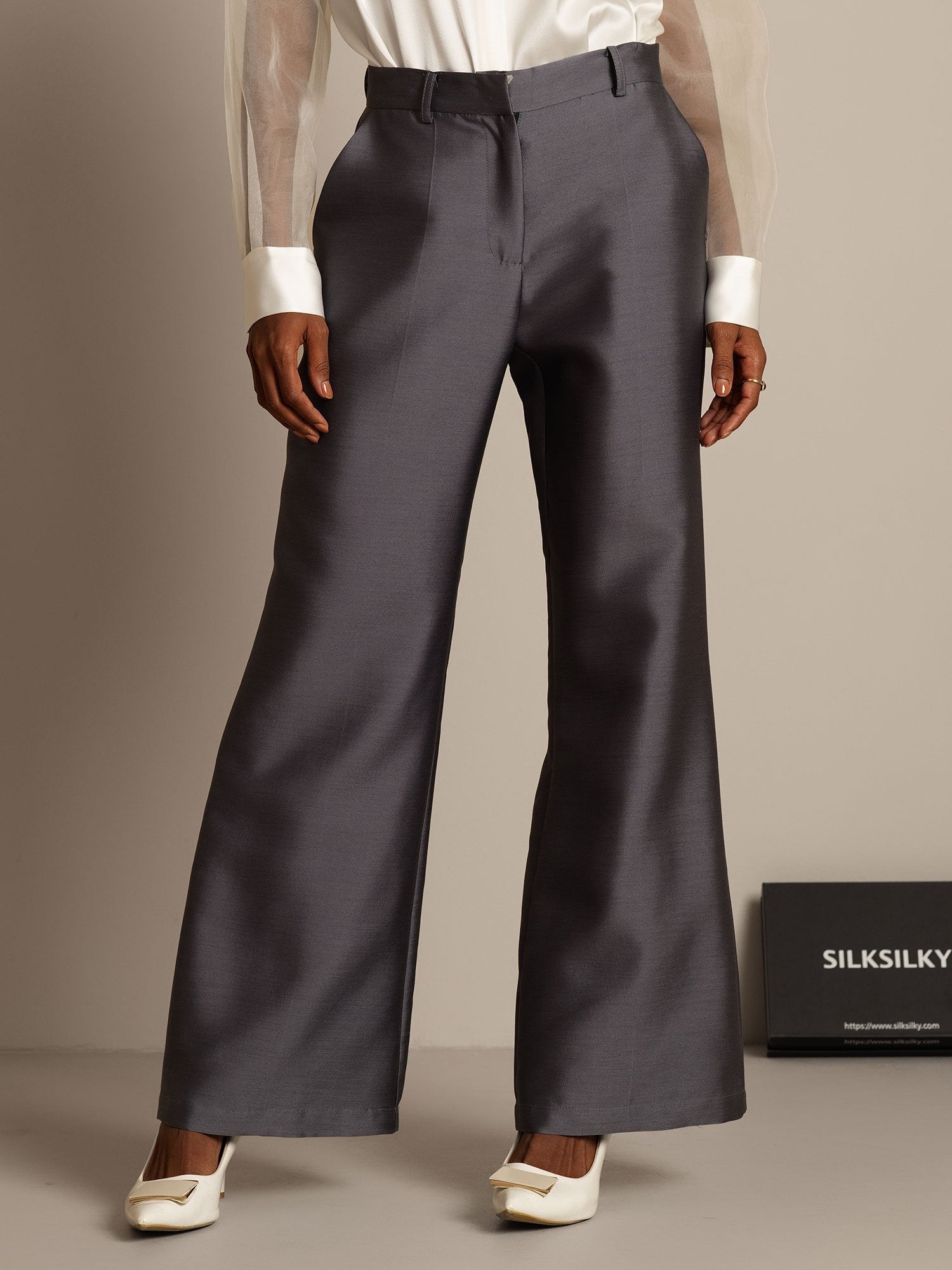 [Gray] SilkSilky-CA 32Momme Silk-Wool Blend Womens Pants 005,