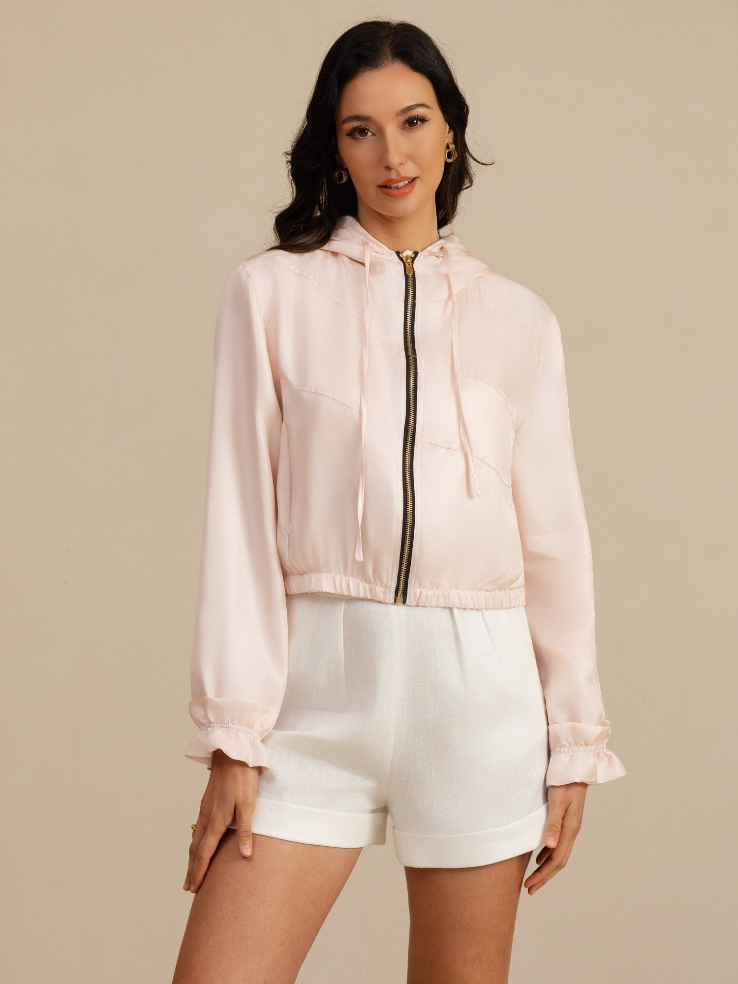 [Pink] SilkSilky-CA 18Momme Silk Satin Surah Long Sleeve High Neck Women's Outerwear 007