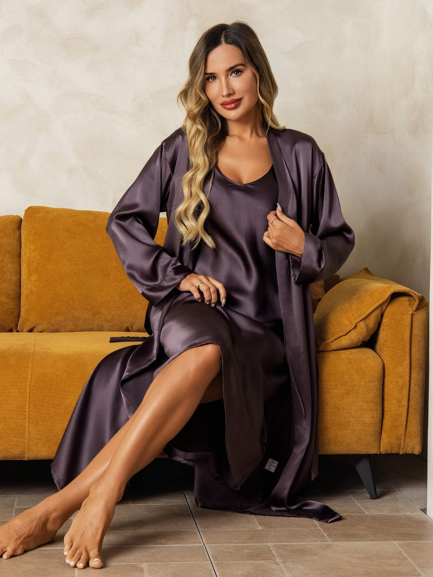[PurpleGray] SilkSilky-CA Pure Silk V Neck Nightgown&Robe Set 007