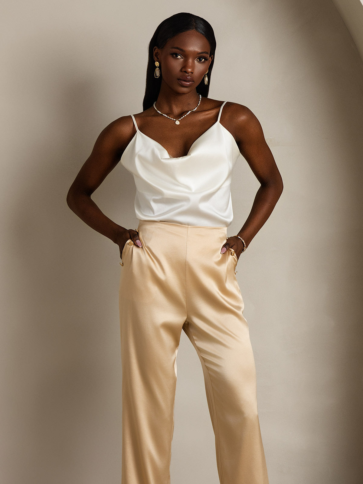 [White] SilkSilky-CA 19Momme Silk Cowl Neck Camisole 006