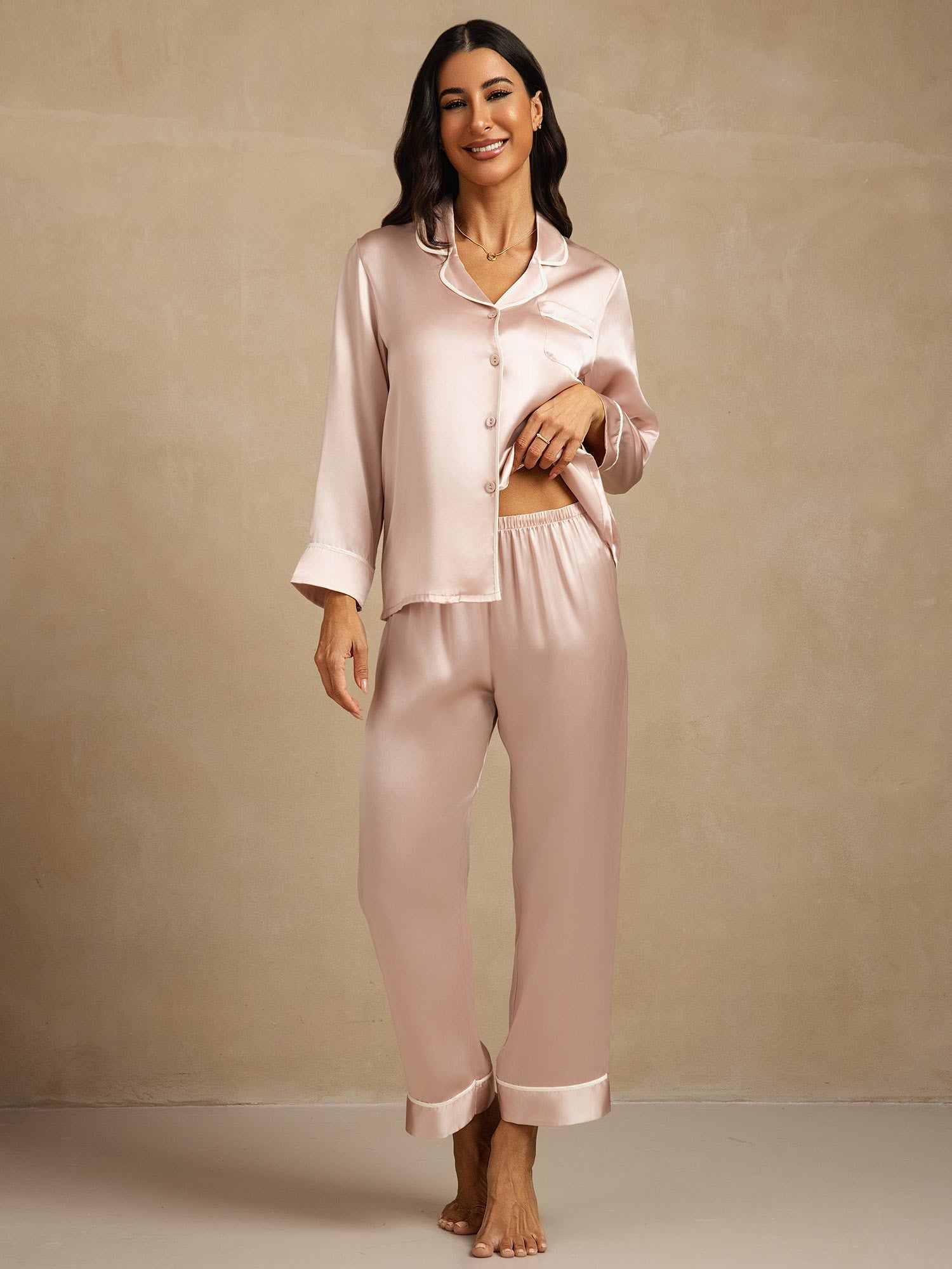[Pink] SilkSilky-CA Pure Silk Lapel Collar Women's Pajamas 001