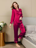 SilkSilky CA Pure Silk Long Sleeve Lapel Women's Pajamas DarkRed 003